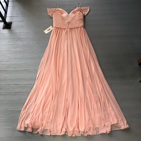 Kleinfeld Maxi Dress Size 12 Bridesmaid Peach Cold Off Shoulder Pleated Chiffon - Picture 9 of 14